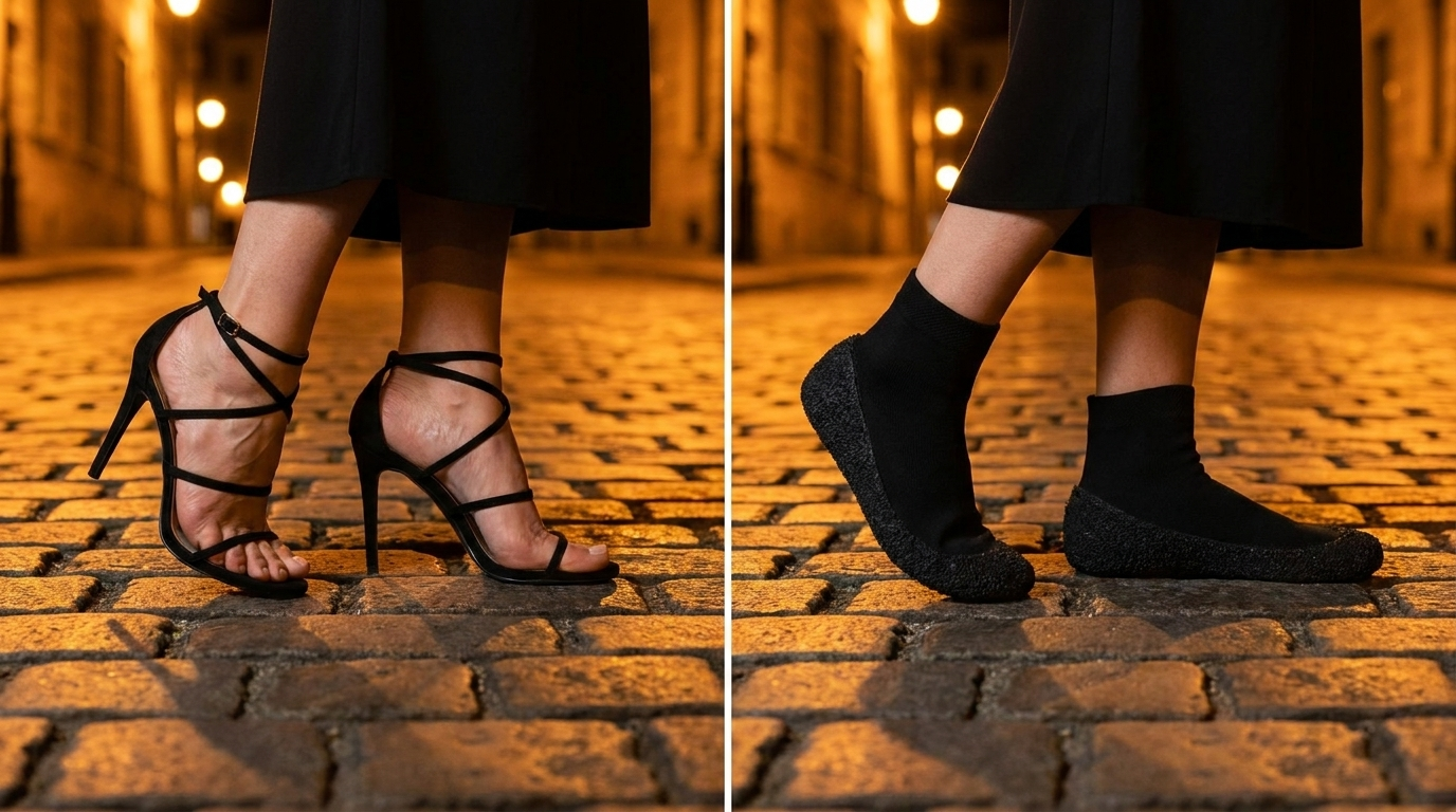 Before and after — heels versus VacStep on cobblestones