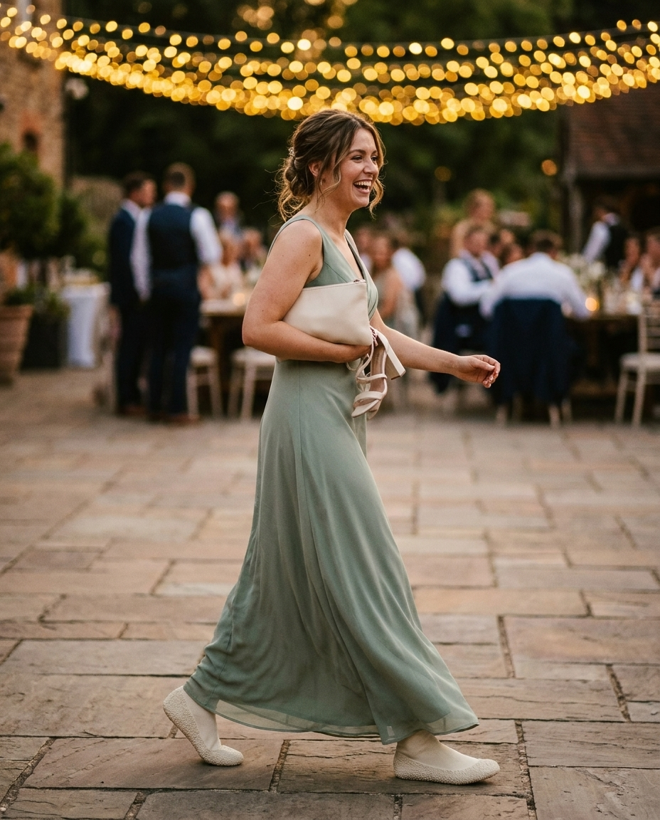 Woman at wedding reception wearing VacStep, heels in bag