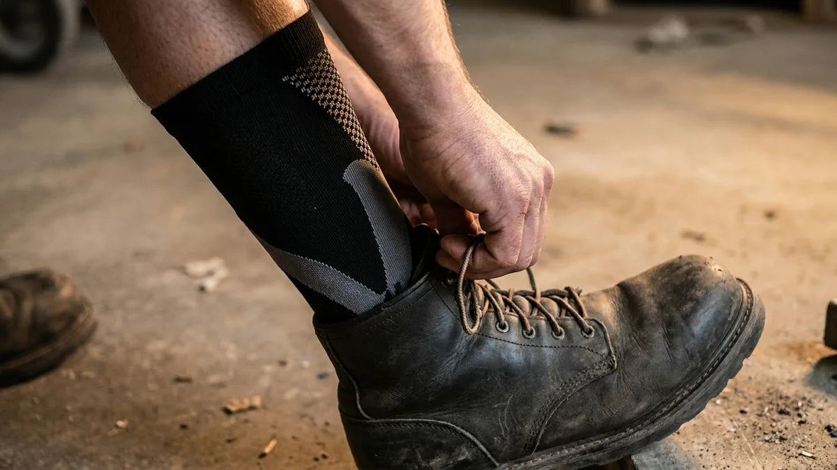 Tradesperson lacing up worn work boot, ShiftForce™ compression sock cuff sitting flat and secure at the ankle